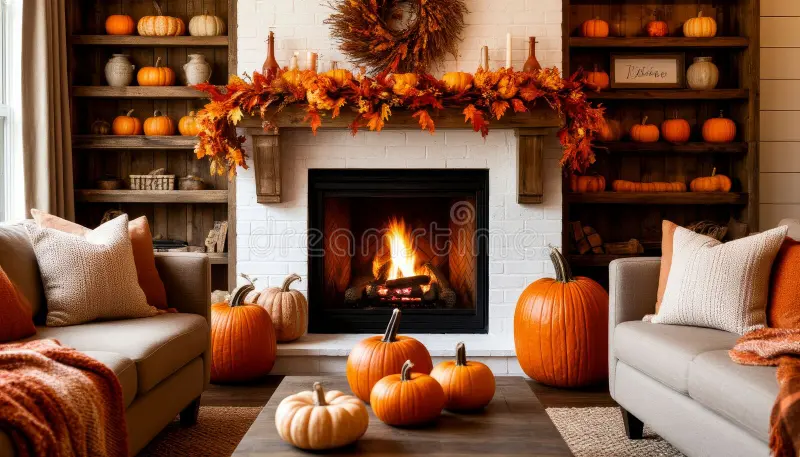cozy-d-k-autumn-themed-living-room-warm-tones-lit-fireplace-pumpkins-seasonal-decor-creating-welcoming-festive-376630389