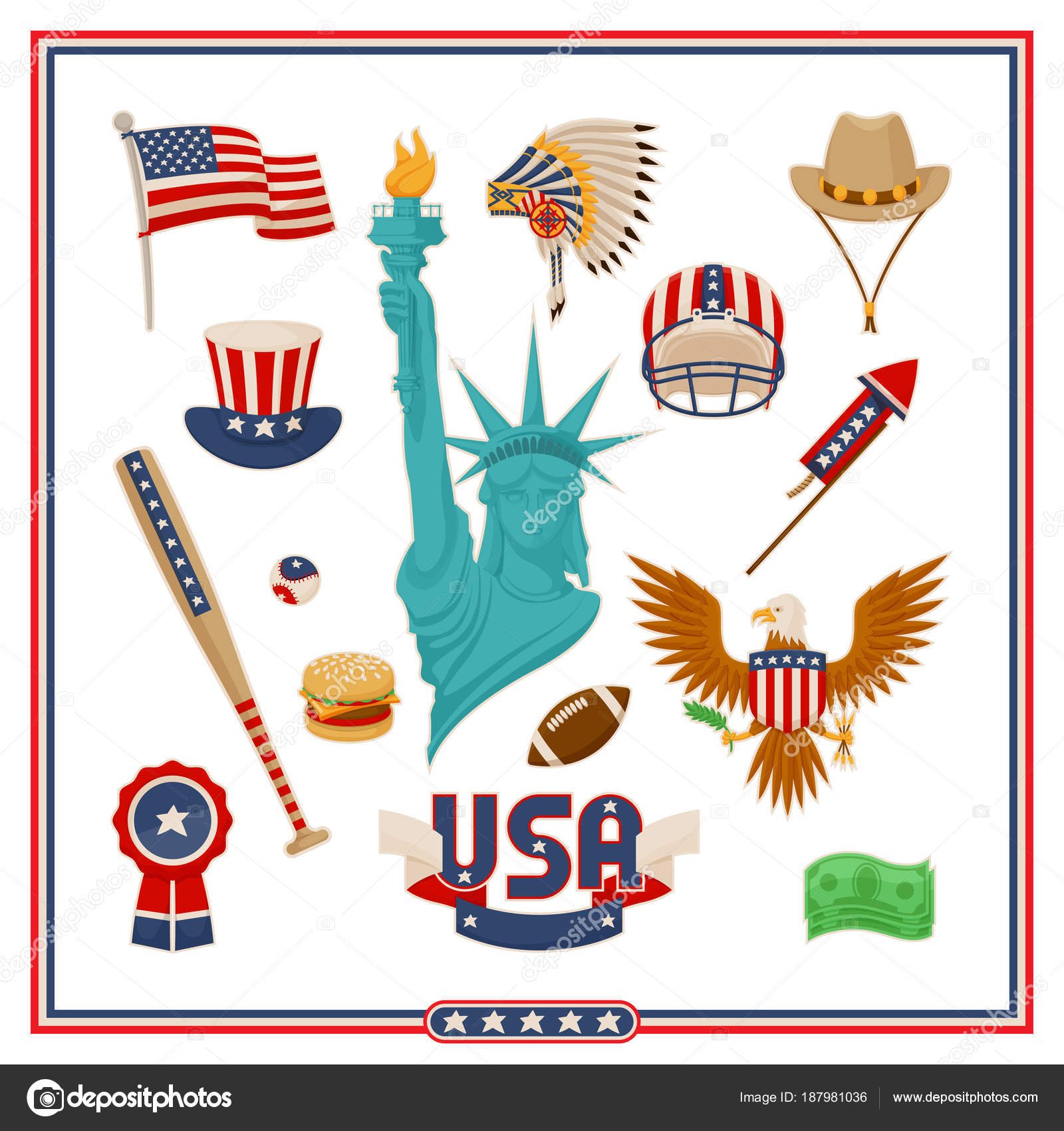 USA Country Symbols Isolated Illustrations Set